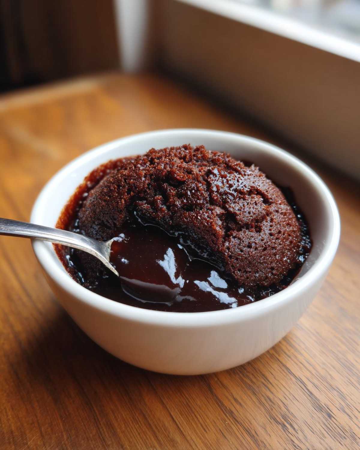 A spoonful of rich, molten center being scooped from a warm chocolate cobbler served in a white ramekin.