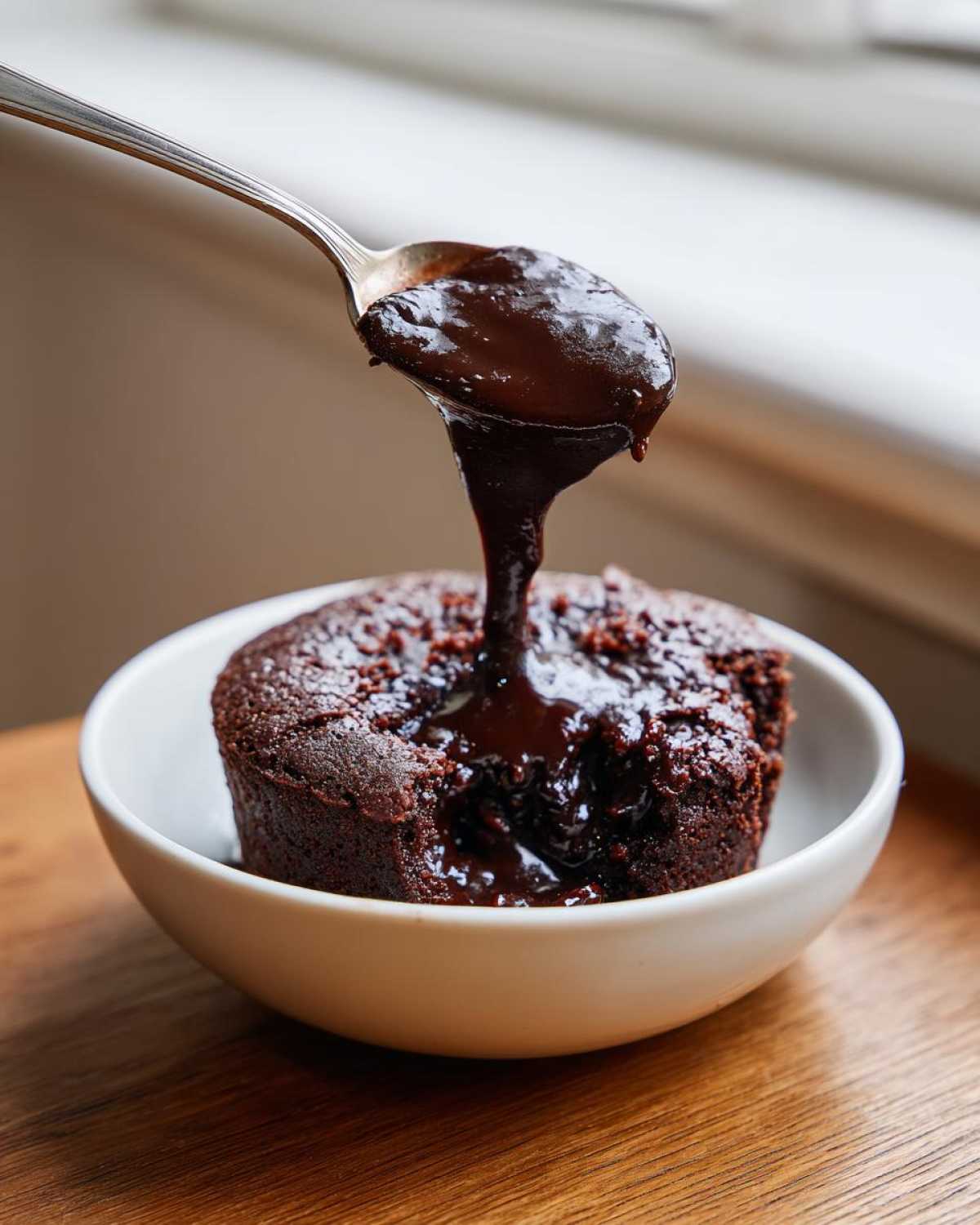 A spoonful of rich, dark chocolate sauce is being poured over a warm chocolate cobbler in a white bowl.