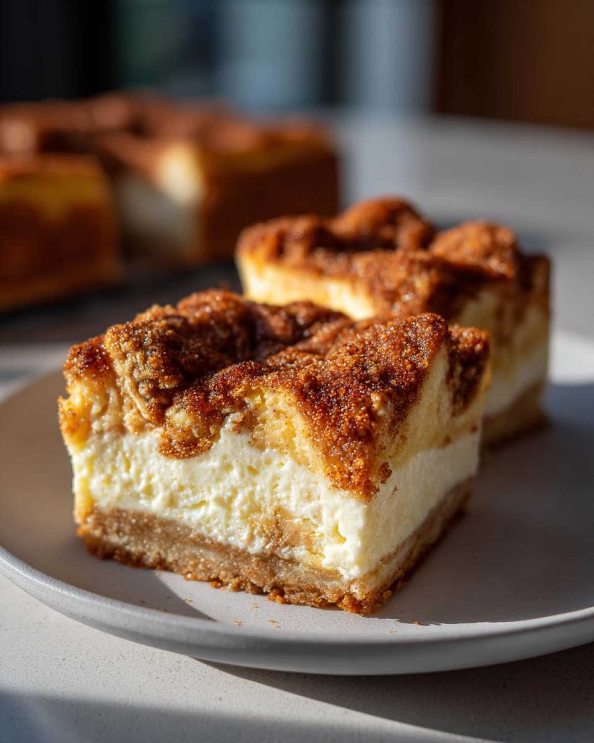 A close-up of a square slice of churro cheesecake bars showing a thick, creamy filling and a cinnamon-sugar topping.