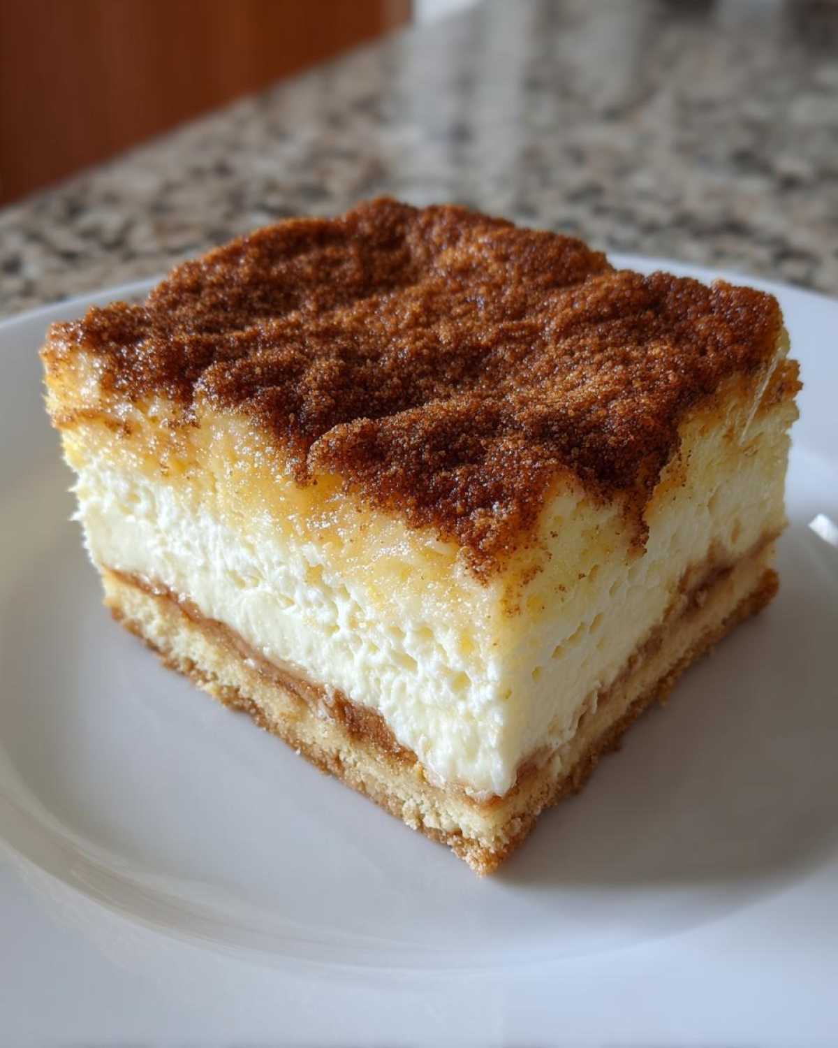 A single square slice of churro cheesecake bars showing a crust, creamy filling, and thick cinnamon-sugar topping.
