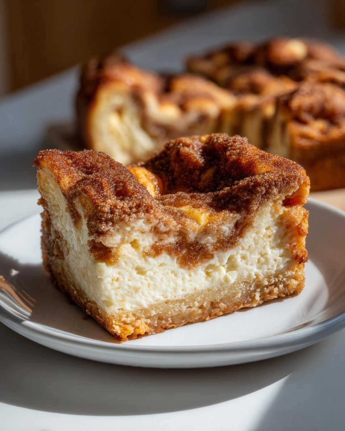 Close-up of a thick slice of churro cheesecake bars showing creamy filling and cinnamon sugar topping.