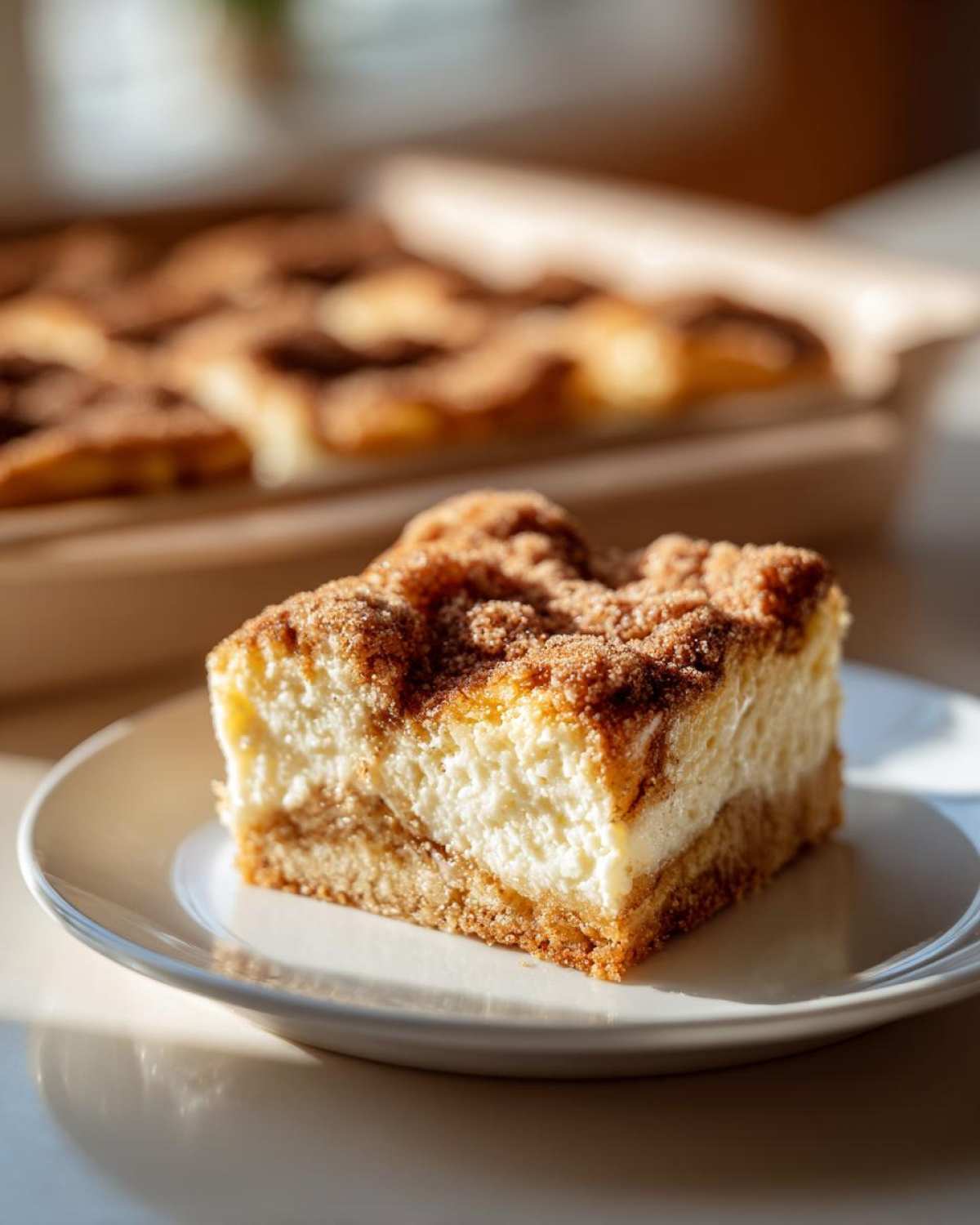 A close-up of a single, thick square of churro cheesecake bars with a creamy center and cinnamon sugar topping.