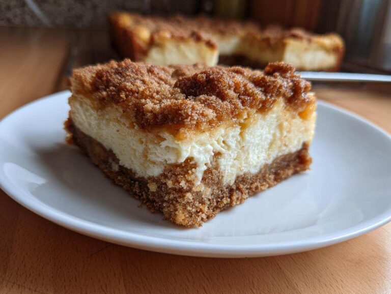 A close-up of a single serving of churro cheesecake bars showing the thick graham cracker crust, creamy filling, and cinnamon sugar topping.
