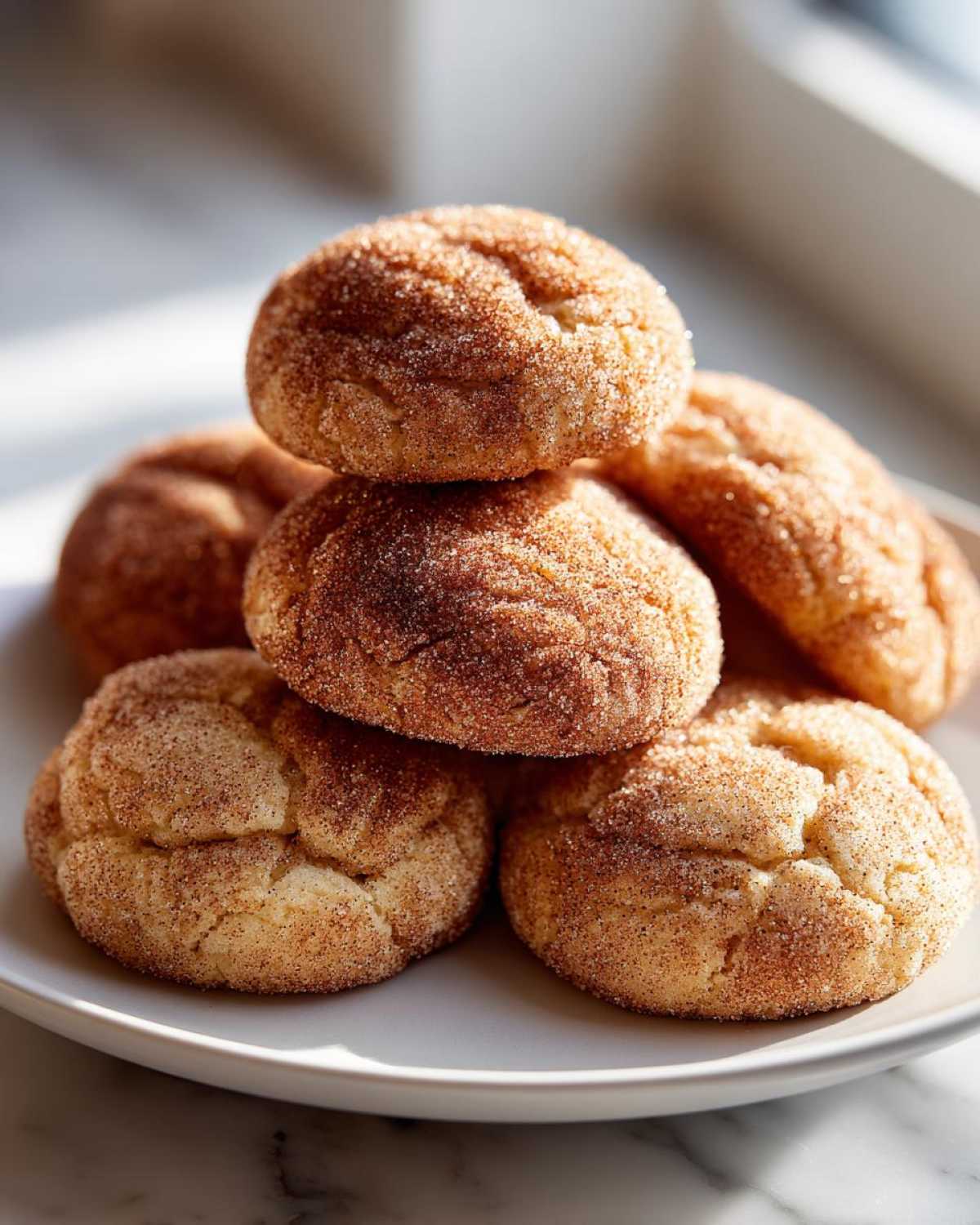 A close-up stack of soft, round churro cookies generously coated in cinnamon sugar resting on a white plate.