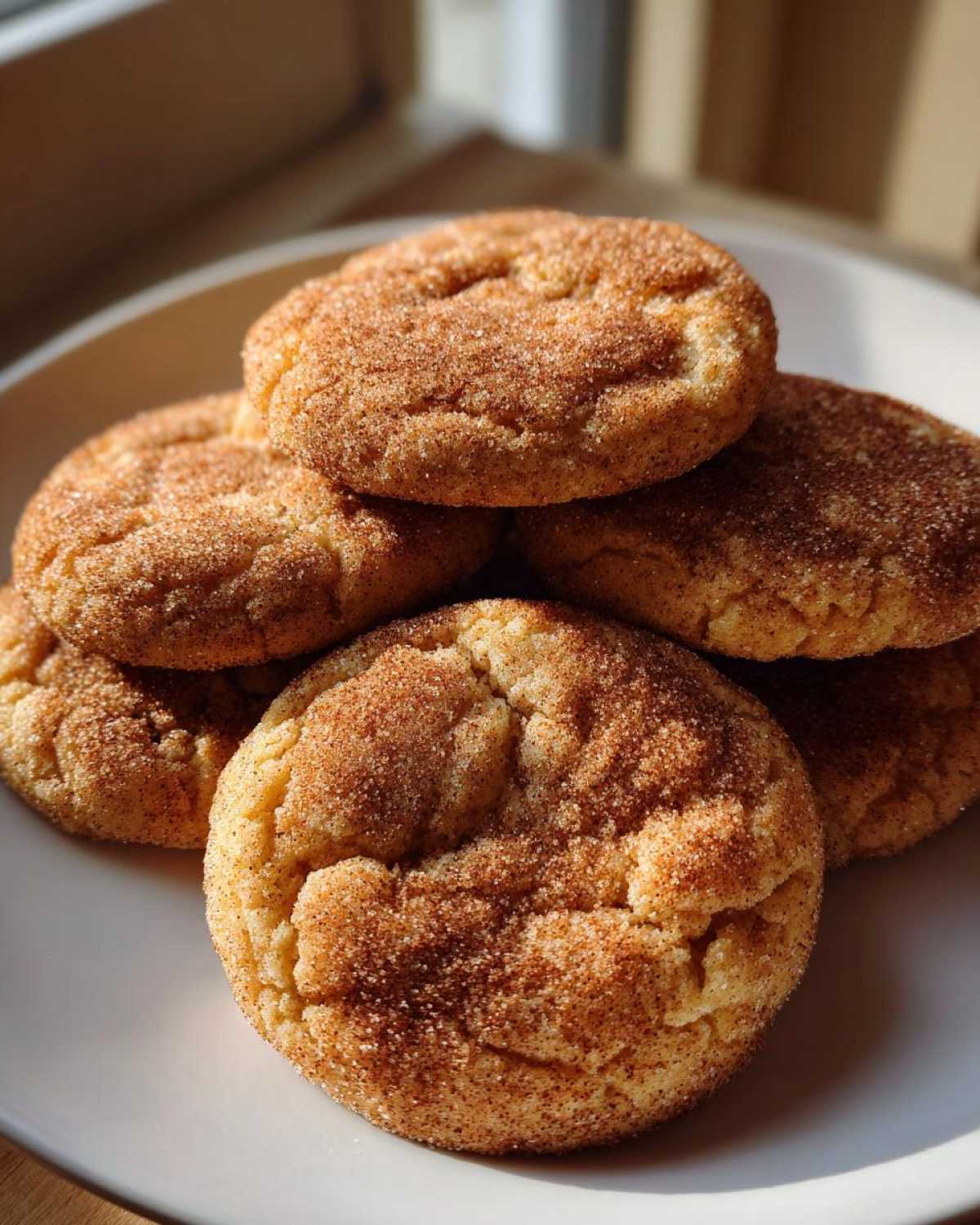 A close-up stack of soft, golden churro cookies generously coated in cinnamon sugar.