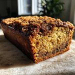 A close-up view of a freshly baked Cinnamon Crunch Banana Bread loaf showing the moist interior and crunchy brown sugar topping.
