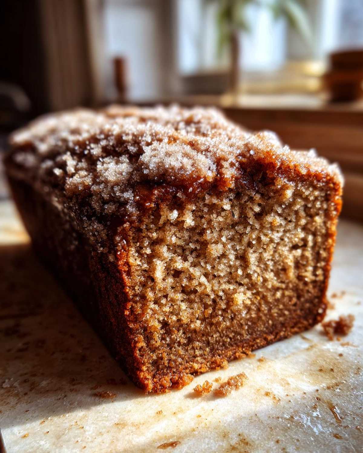 Close-up of a freshly baked Cinnamon Crunch Banana Bread loaf with a thick, sugary cinnamon topping.