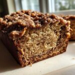 A close-up, cross-section view of moist Cinnamon Crunch Banana Bread showing the crumb and thick cinnamon streusel topping.