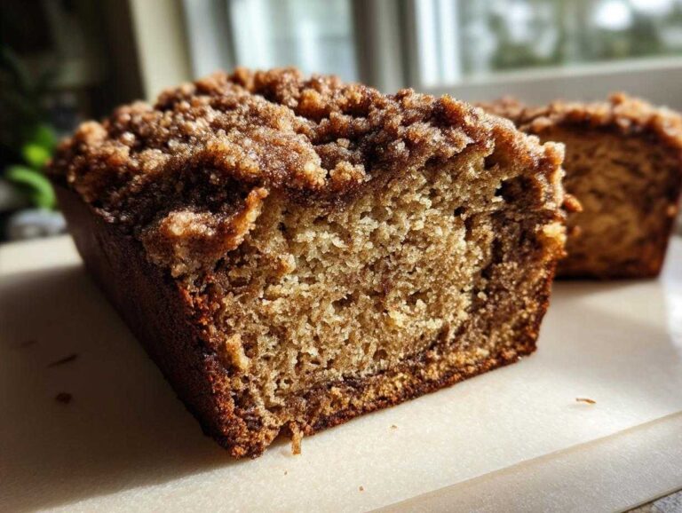 A close-up, cross-section view of moist Cinnamon Crunch Banana Bread showing the crumb and thick cinnamon streusel topping.