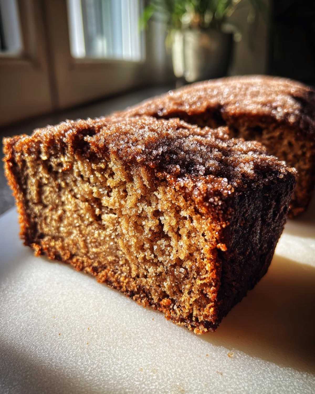 A close-up, sunlit slice of rich brown Cinnamon Crunch Banana Bread topped with sparkling sugar crystals.