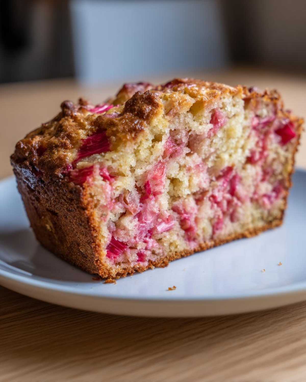 Close-up of a moist slice of Cinnamon Rhubarb Bread with visible chunks of pink rhubarb baked into the crumb.