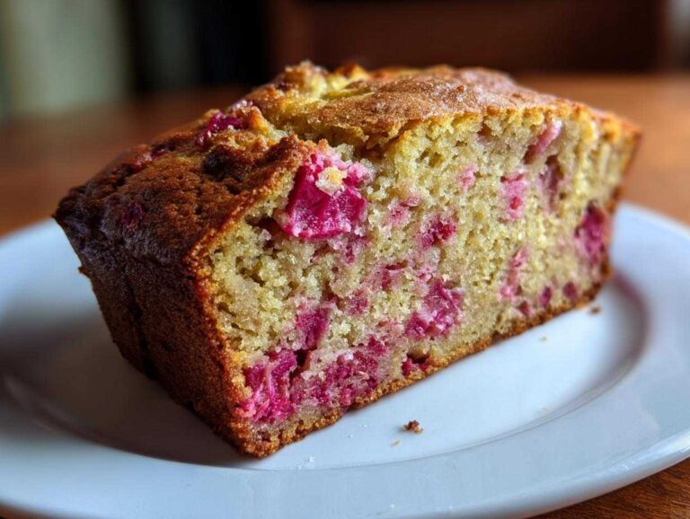 Close-up of a moist slice of Cinnamon Rhubarb Bread with Brown Butter showing bright pink rhubarb pieces in the crumb.