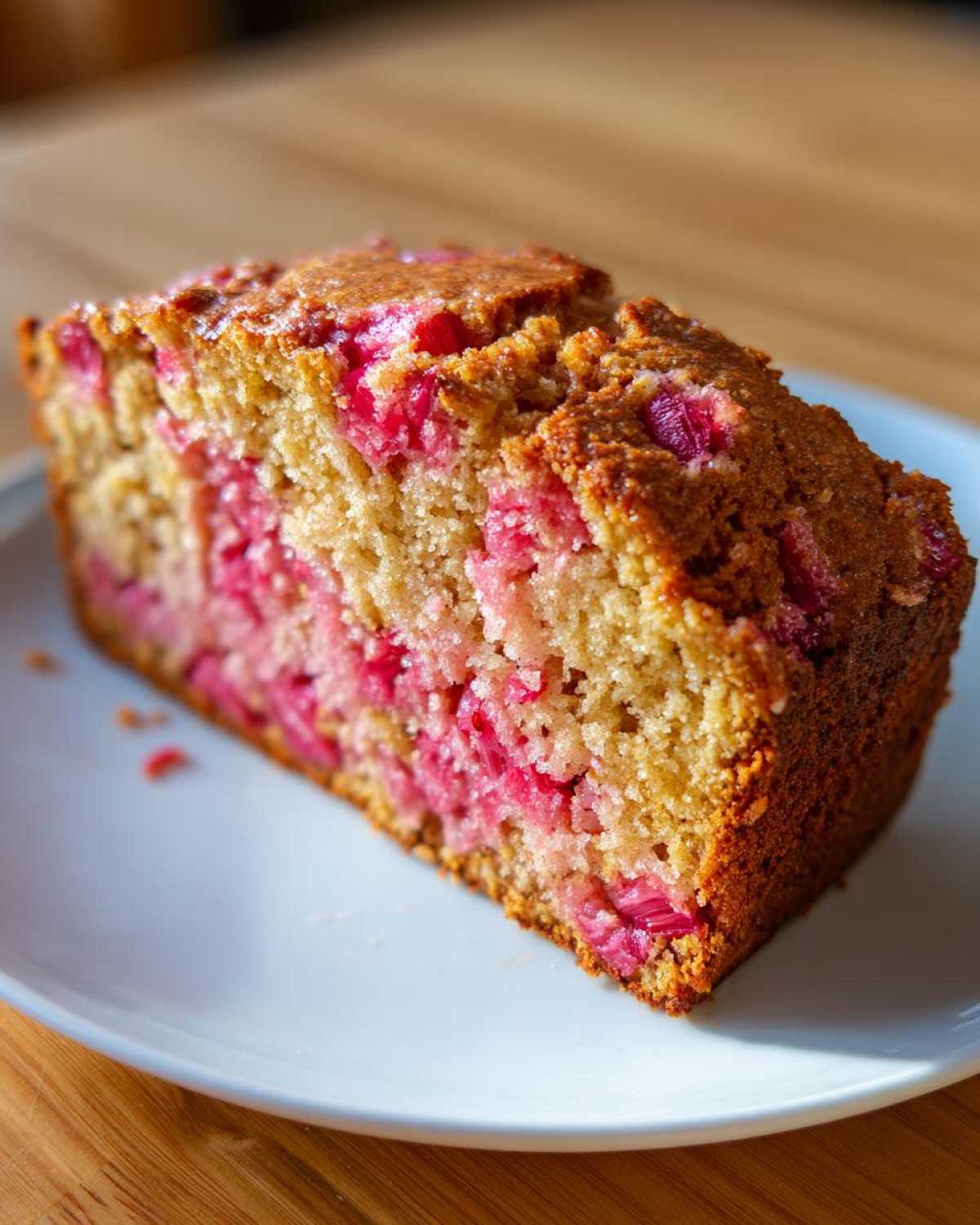 Close-up of a moist slice of Cinnamon Rhubarb Bread with visible chunks of pink rhubarb throughout the golden crumb.