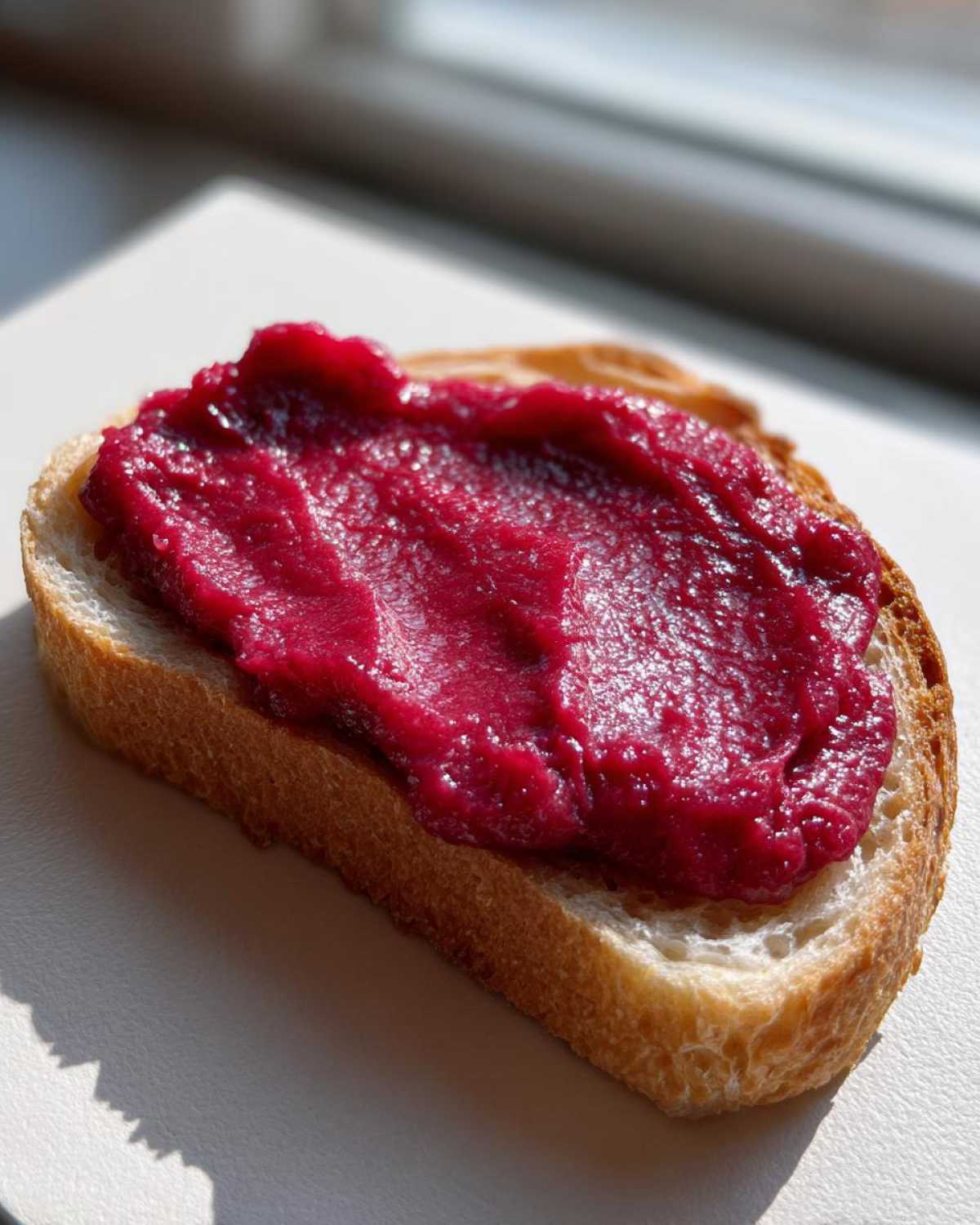 A slice of toasted bread generously topped with vibrant, deep magenta Cinnamon Rhubarb Butter.