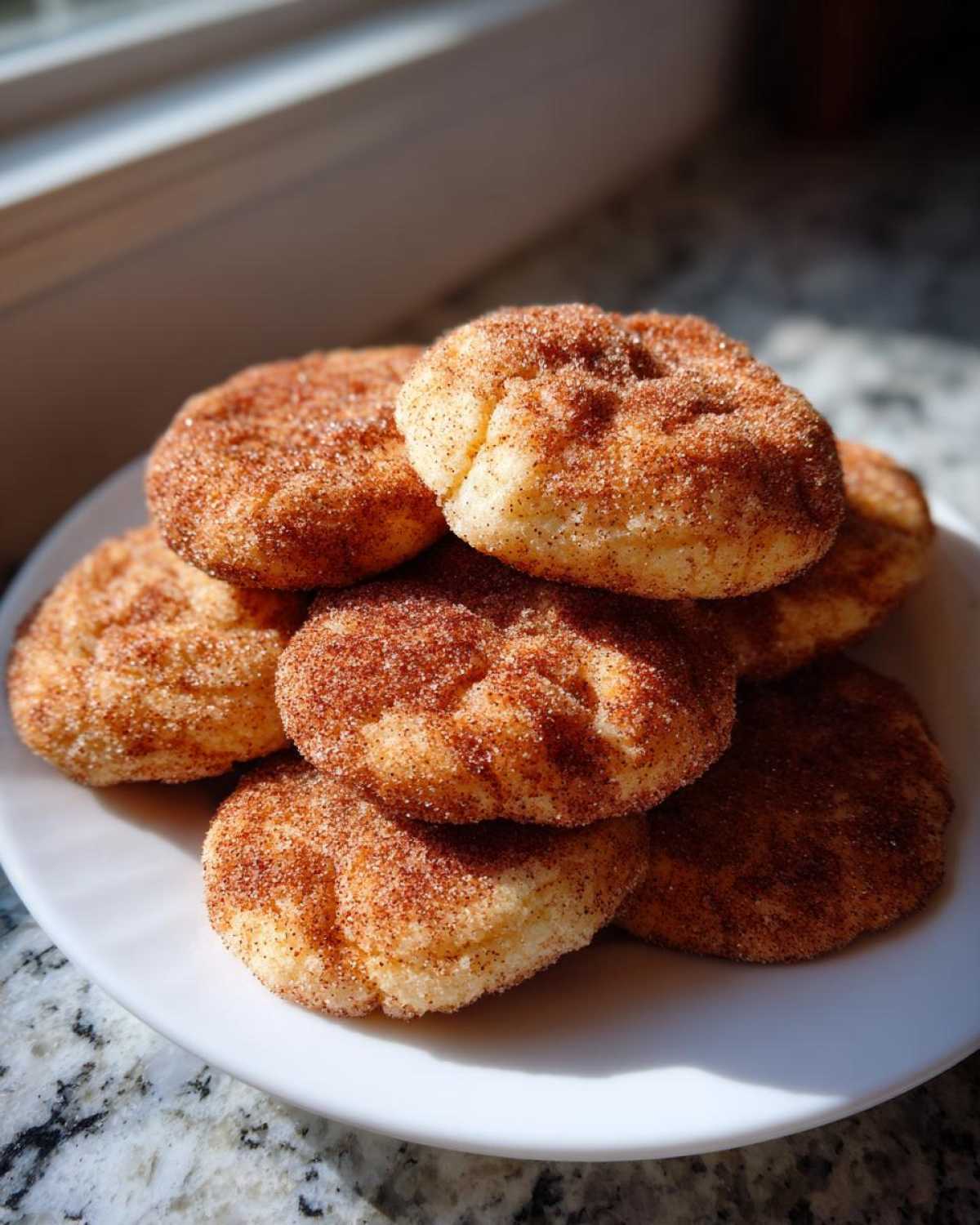 A stack of freshly baked churro cookies generously coated in cinnamon sugar, resting on a white plate.