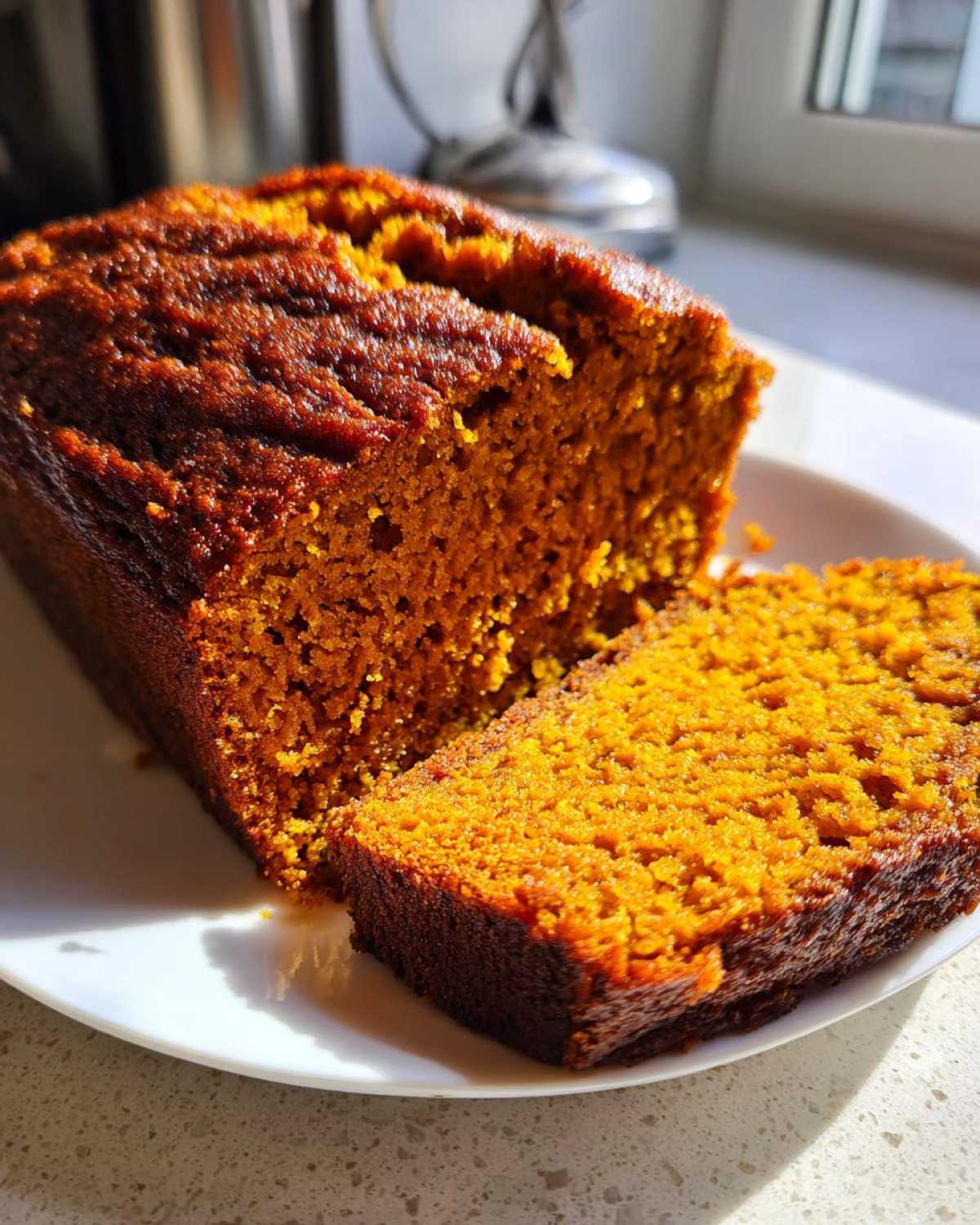 A close-up of a freshly baked Cinnamon Swirl Pumpkin Bread loaf with one slice cut, showing its rich orange color.