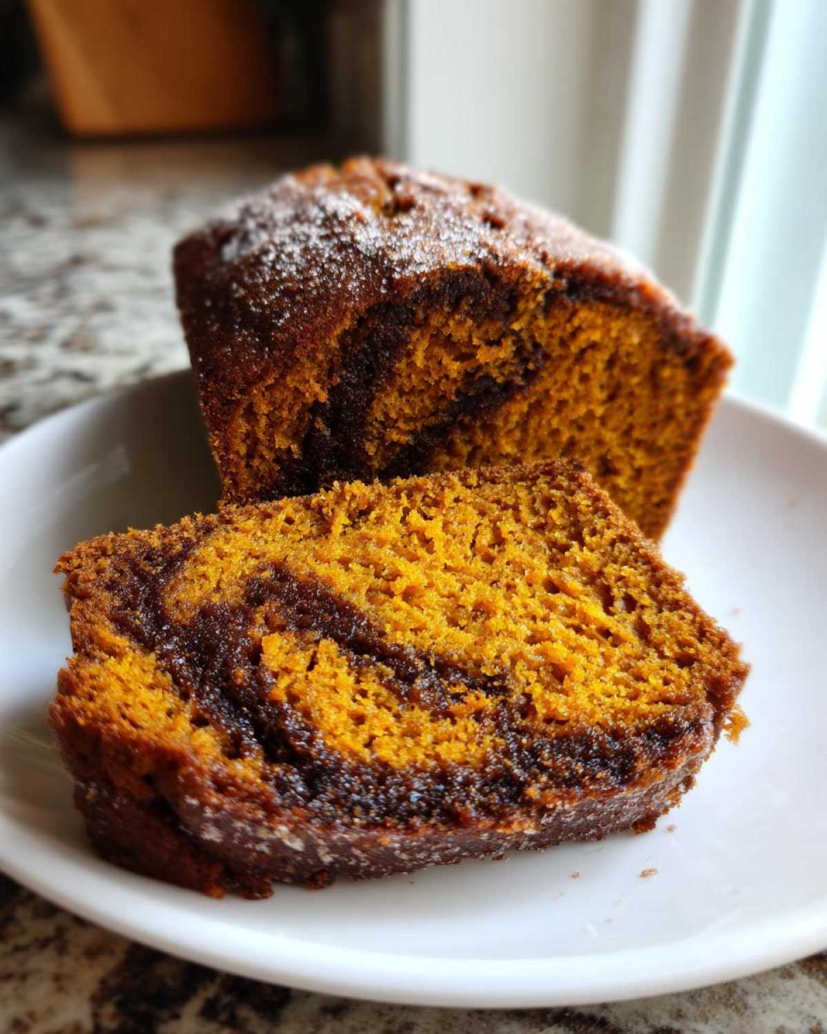 Close-up of a slice of vibrant orange Cinnamon Swirl Pumpkin Bread showing the dark cinnamon swirl.