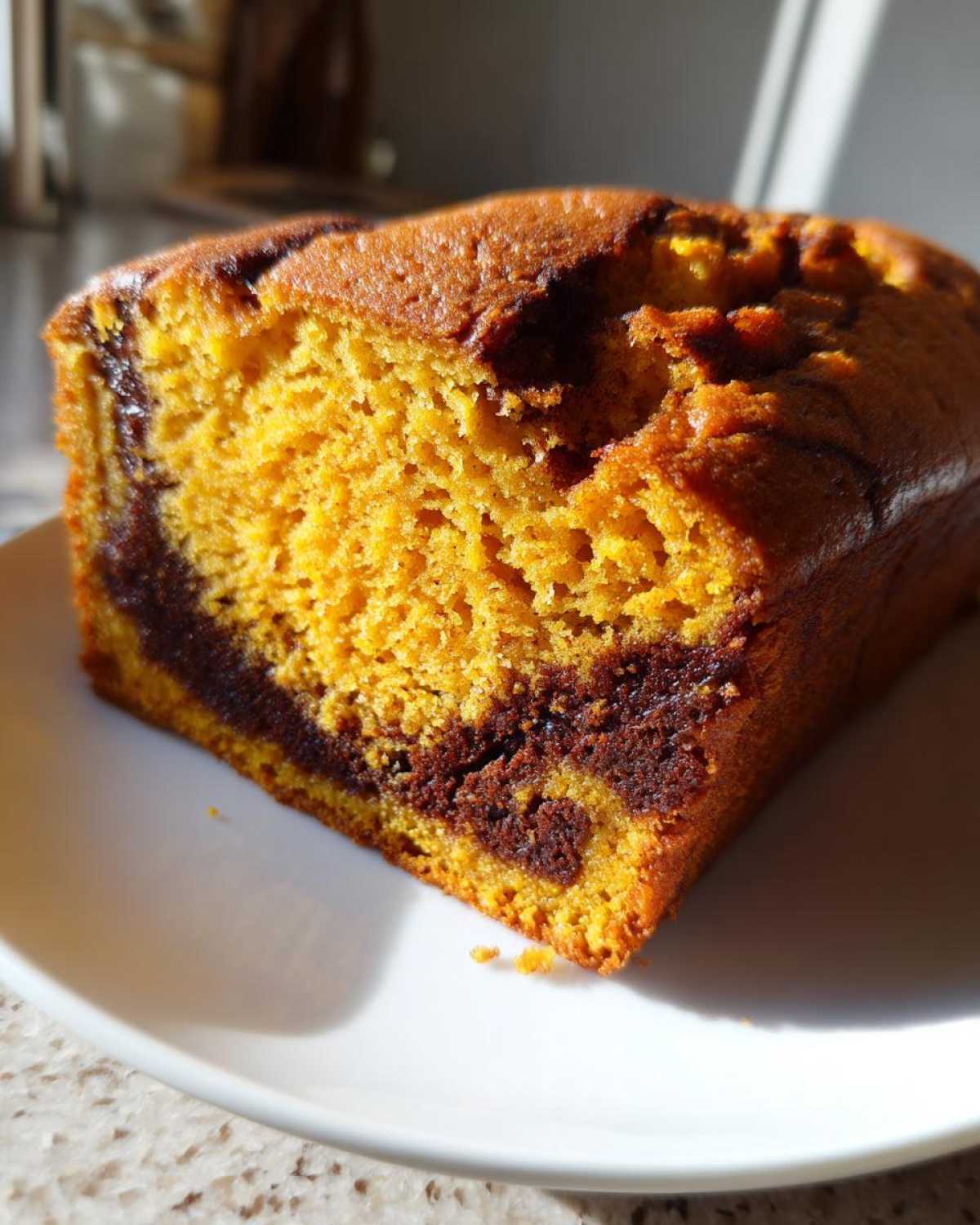 Close-up of a slice of Cinnamon Swirl Pumpkin Bread showing the vibrant orange pumpkin cake and dark cinnamon swirl.