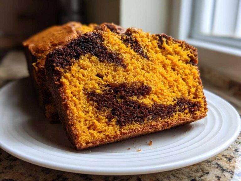 Close-up of two slices of Cinnamon Swirl Pumpkin Bread showing vibrant orange pumpkin batter marbled with dark chocolate swirl.