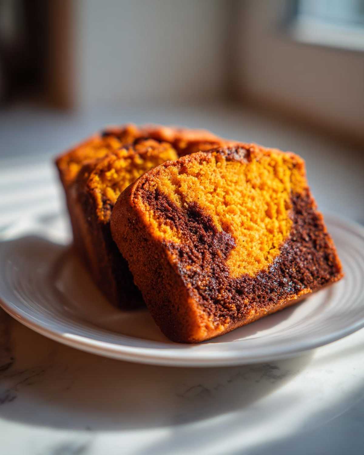Two slices of vibrant Cinnamon Swirl Pumpkin Bread showing the orange pumpkin batter swirled with dark cinnamon filling.