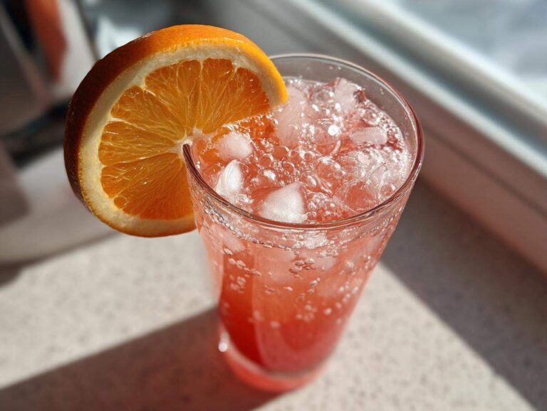 Close-up of a fizzy pink Citrus Rhubarb Mocktail (Apple Juice) garnished with a bright orange slice.