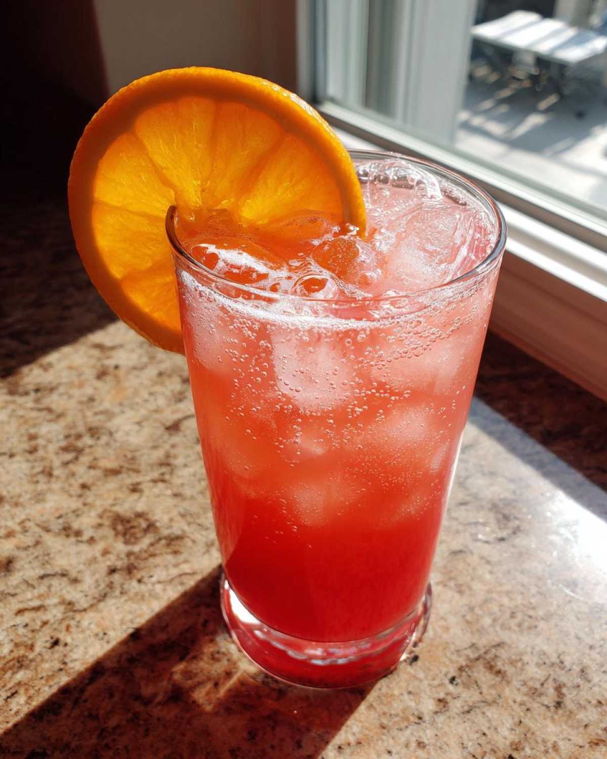 A tall glass filled with a vibrant red Citrus Rhubarb Mocktail (Apple Juice) over ice, garnished with a bright orange slice.