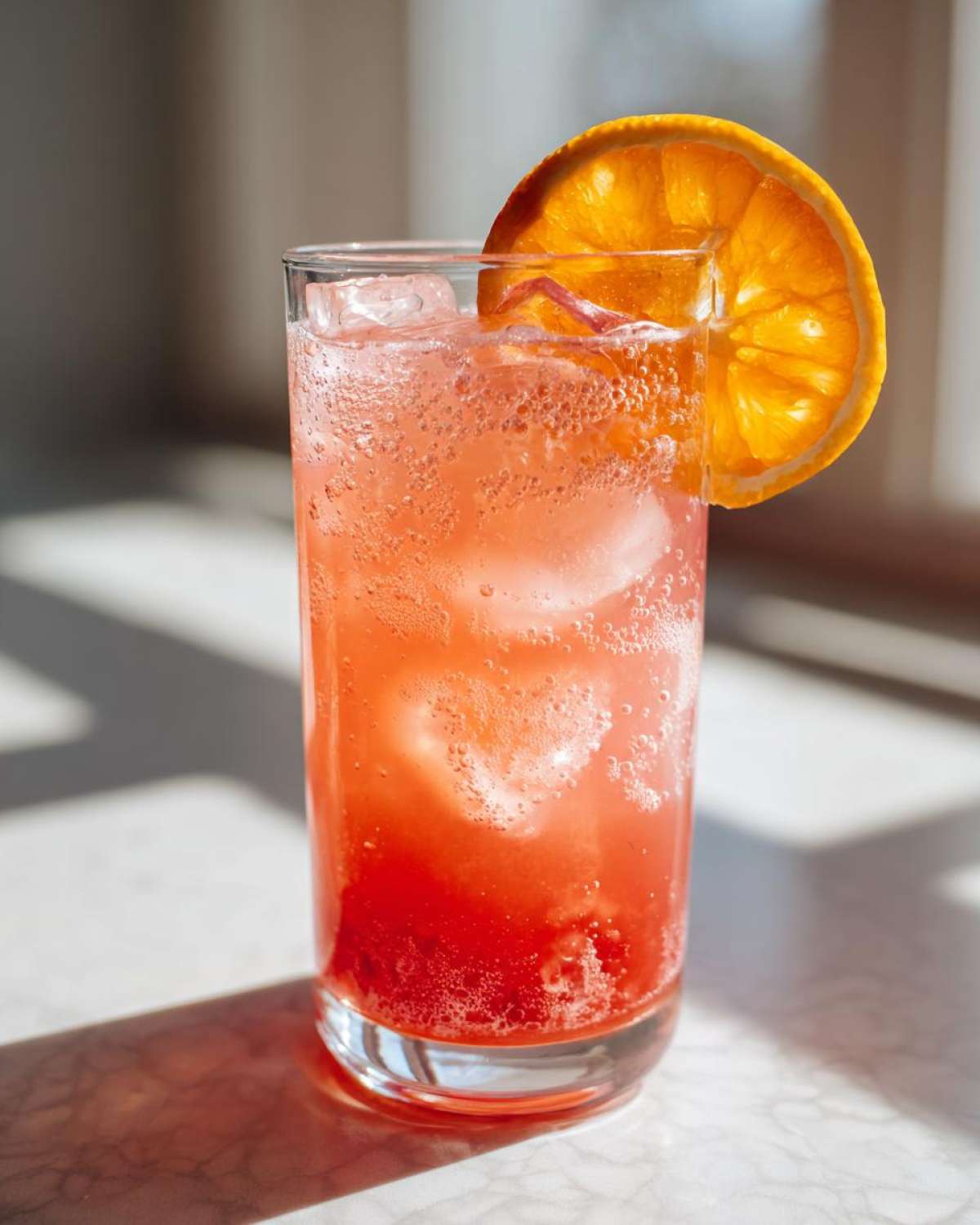 Tall glass filled with a vibrant pink Citrus Rhubarb Mocktail (Apple Juice) over ice, garnished with a dried orange wheel.