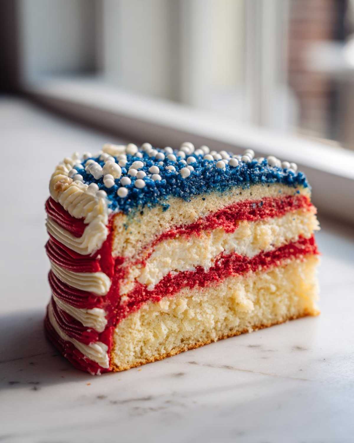 Cross-section of a Classic Buttermilk Flag Cake showing layers of vanilla, red, and white cake with blue sprinkles on top.