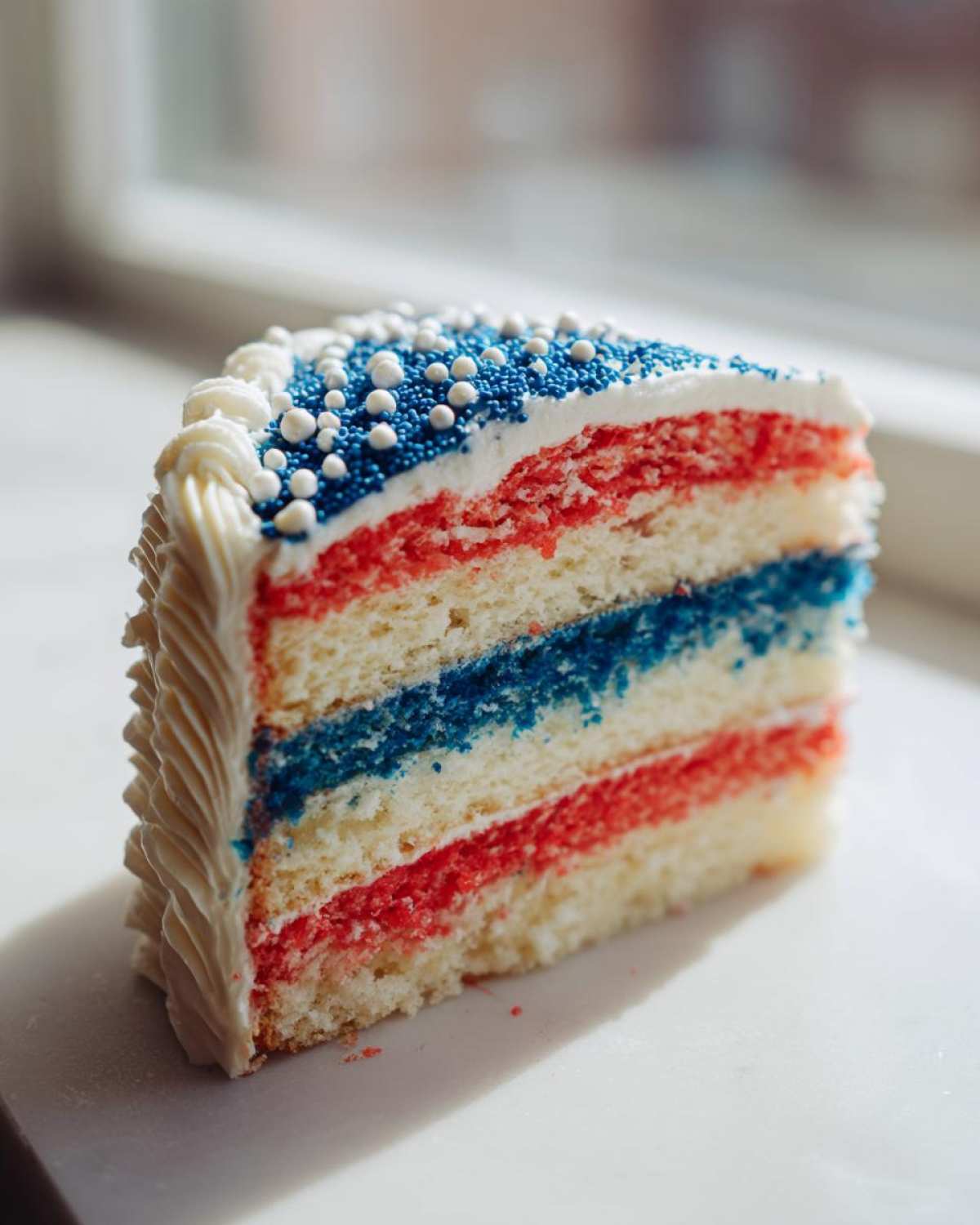 Close-up of a slice of Classic Buttermilk Flag Cake showing red, white, and blue layers, topped with white frosting and blue and white sprinkles.