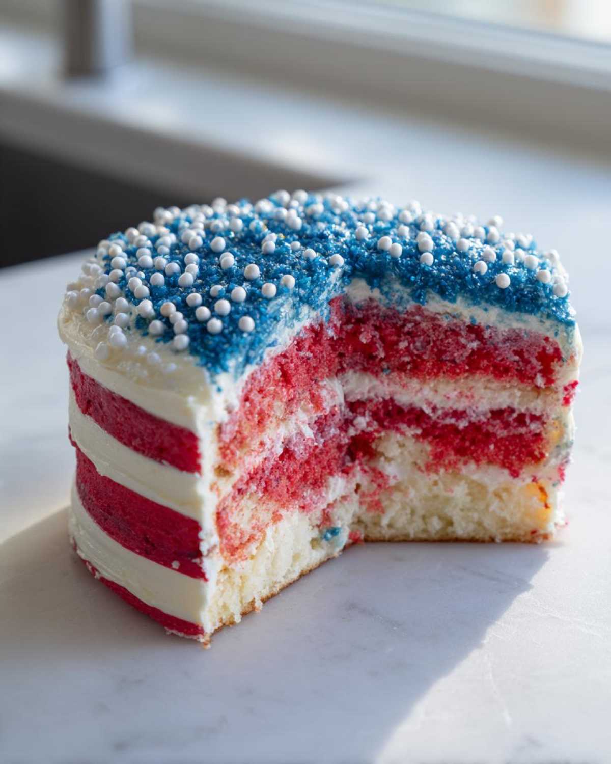 A slice removed from a Classic Buttermilk Flag Cake showing red and white layers and blue sprinkles on top.