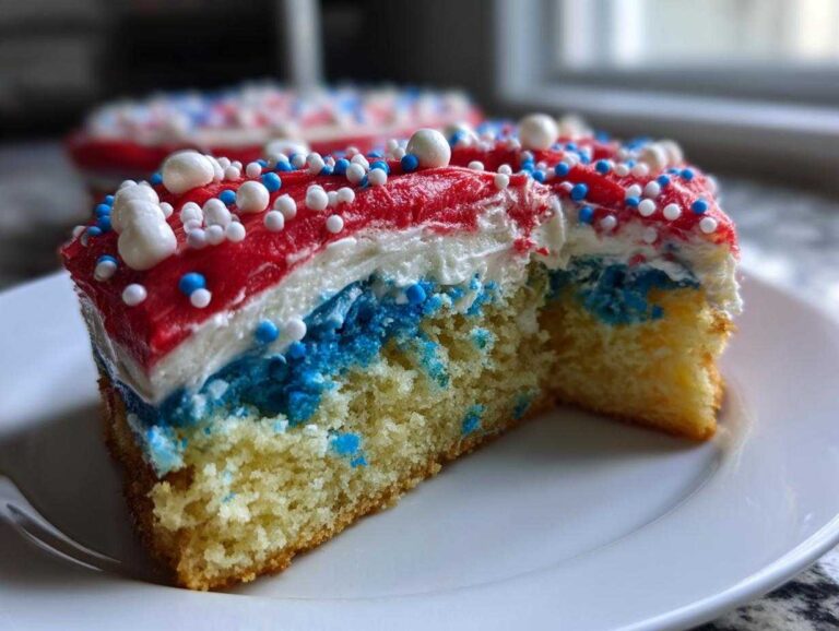 Close-up of a slice of Classic Buttermilk Flag Cake showing yellow cake, blue coloring, white frosting, and red frosting topped with sprinkles.