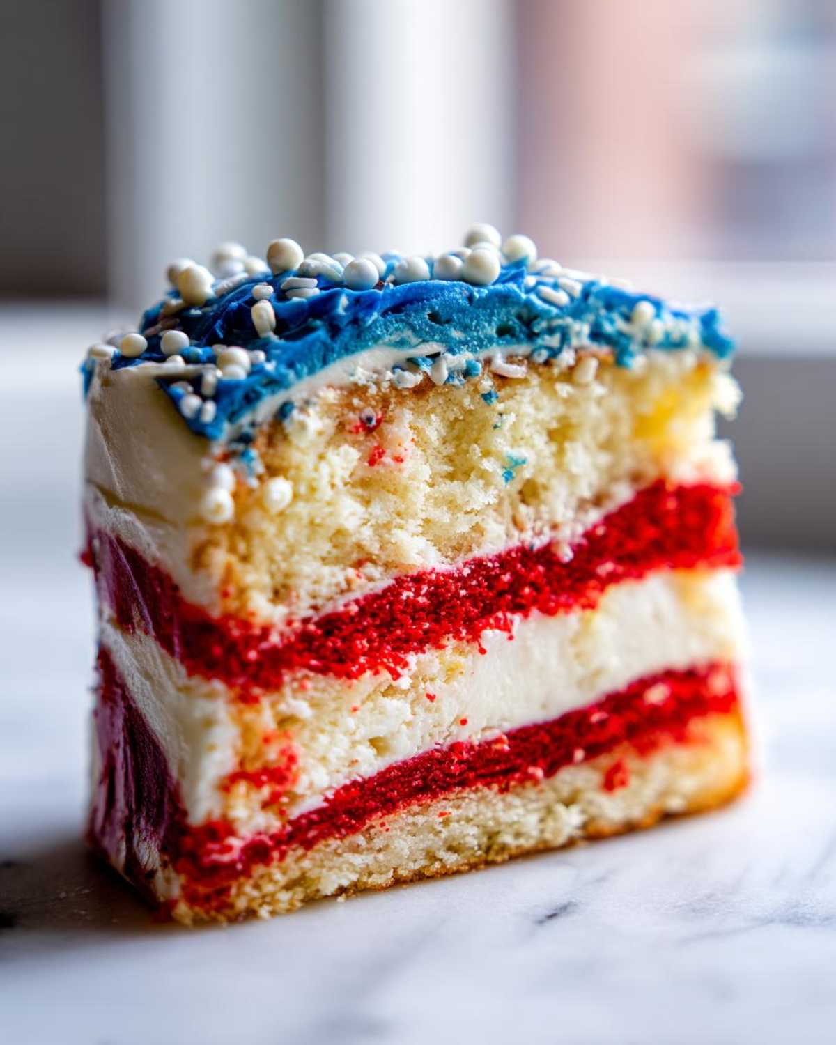 Close-up of a slice of Classic Buttermilk Flag Cake showing layers of white cake, red filling, and white frosting, topped with blue frosting and sprinkles.
