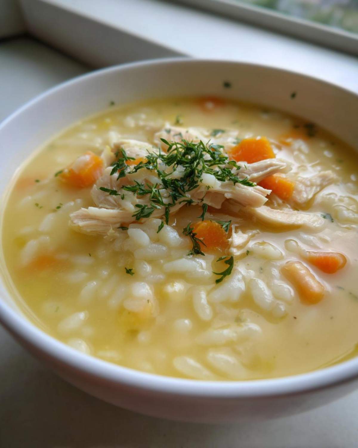 Close-up of a white bowl filled with Classic Greek Lemon Chicken Soup, featuring rice, shredded chicken, and fresh herbs.