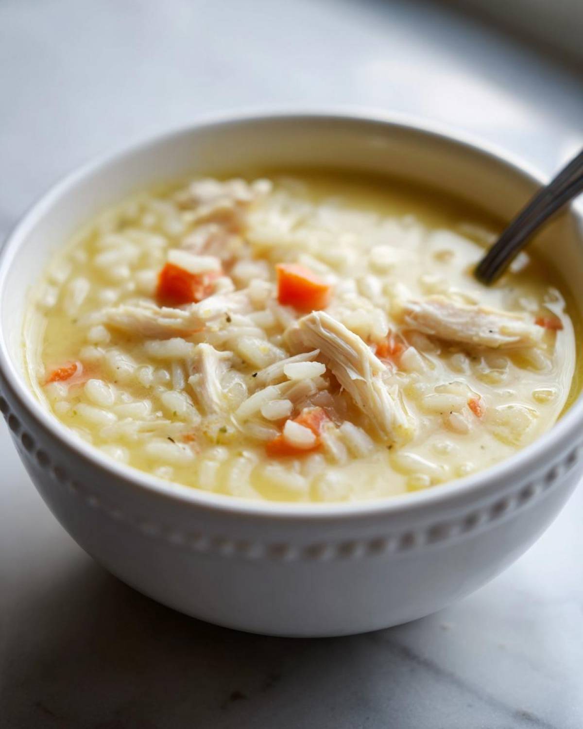 Close-up of a white bowl filled with Classic Greek Lemon Chicken Soup, featuring shredded chicken, rice, and diced carrots.