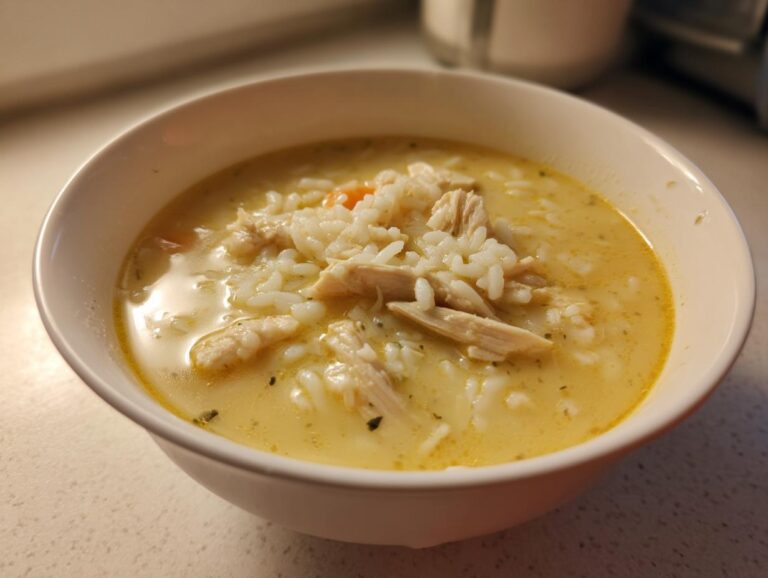 Close-up of a white bowl filled with Classic Greek Lemon Chicken Soup featuring shredded chicken and rice in a creamy yellow broth.