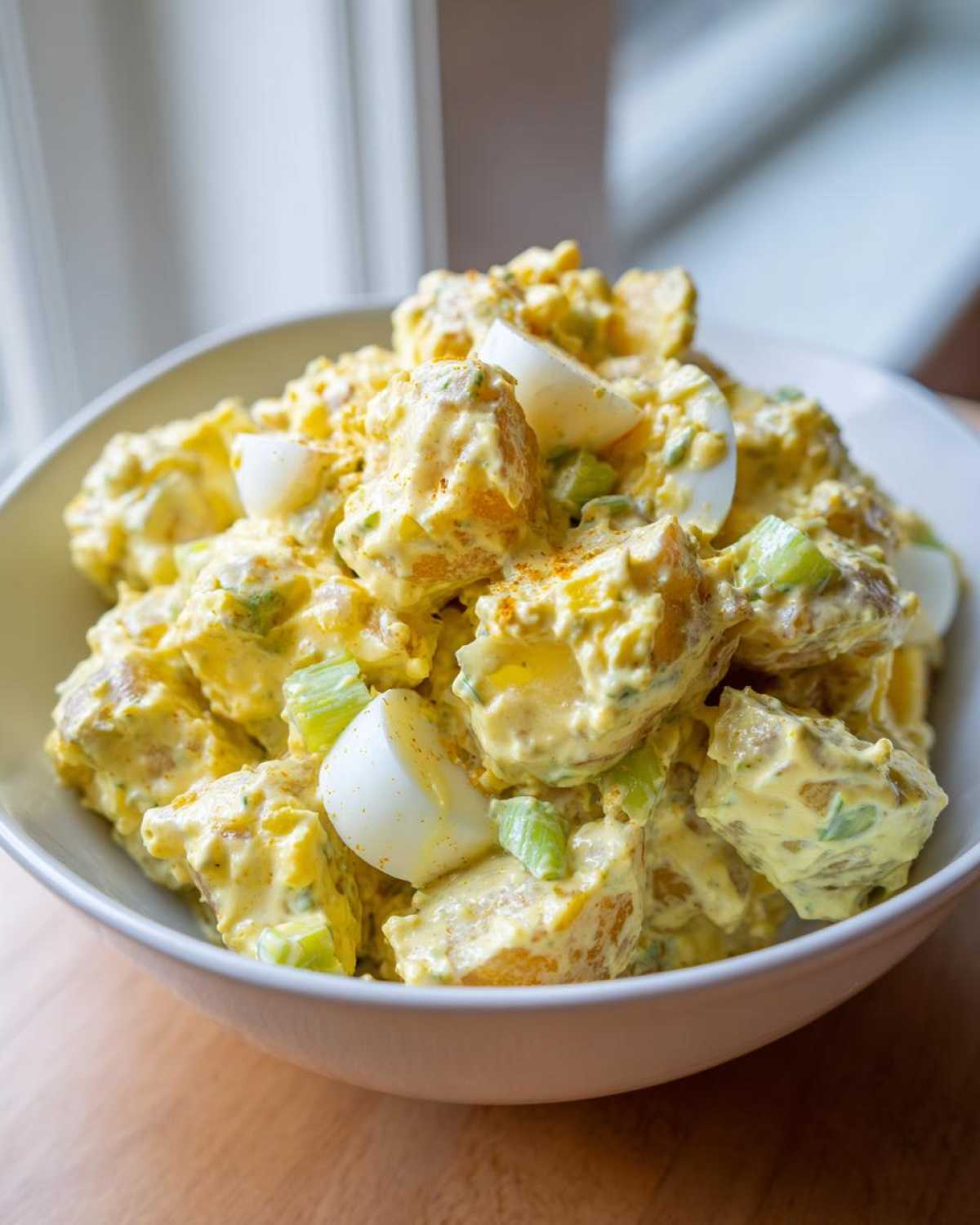 A close-up of Classic Mustard Potato Salad mixed with celery and hard-boiled egg wedges in a white bowl.
