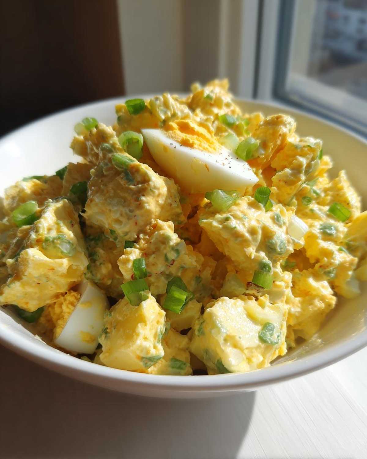 A close-up of a white bowl filled with creamy Classic Mustard Potato Salad, garnished with chopped green onions and hard-boiled egg slices.