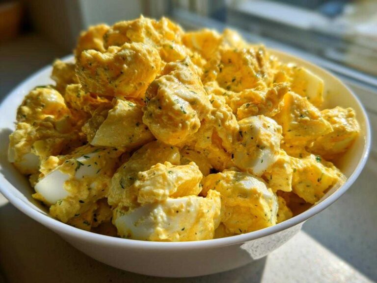 A white bowl filled with creamy Classic Mustard Potato Salad featuring chunks of potatoes and visible pieces of hard-boiled egg.