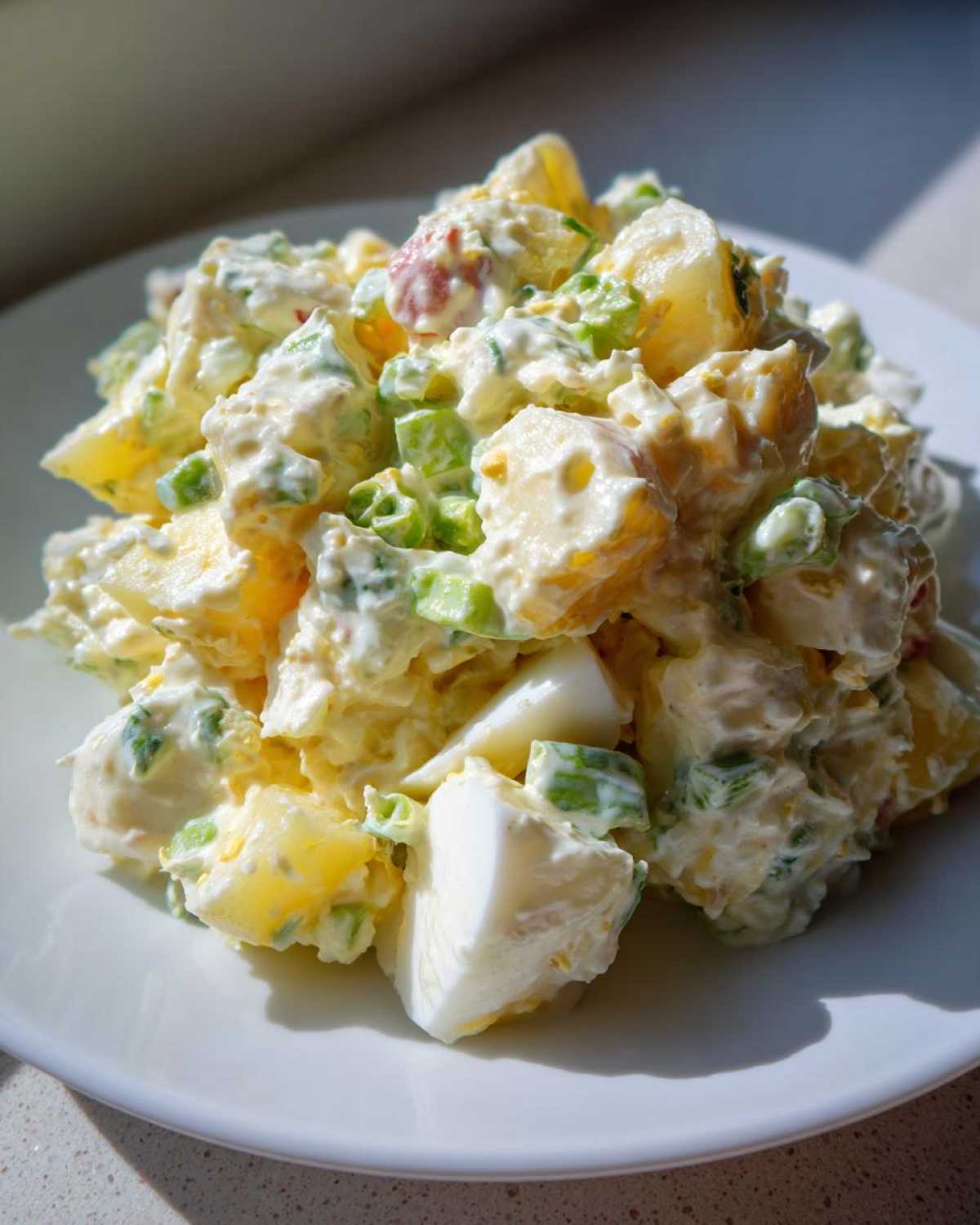 A close-up serving of creamy Classic Potato Salad featuring chunks of potato, hard-boiled egg, and green celery.