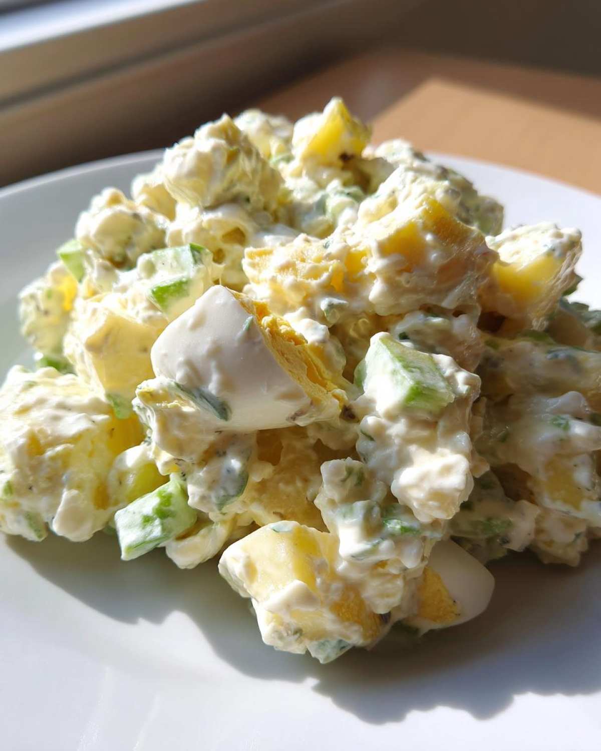 A close-up of a generous serving of Classic Potato Salad, featuring creamy dressing, chunks of potato, celery, and hard-boiled egg.