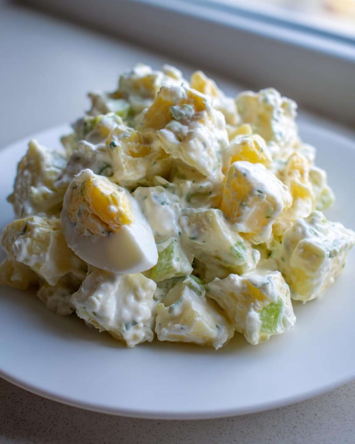 A mound of creamy Classic Potato Salad featuring chunks of potato, celery, and a wedge of hard-boiled egg on a white plate.