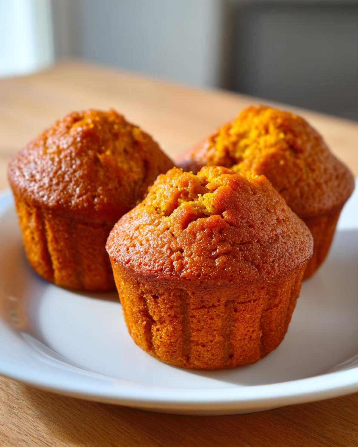 Close-up of three freshly baked Classic pumpkin muffins with golden brown tops sitting on a white plate.