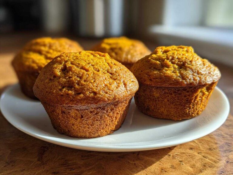Make 12 Amazing Classic pumpkin muffins Four golden brown Classic pumpkin muffins displayed closely on a white plate, backlit by natural light.