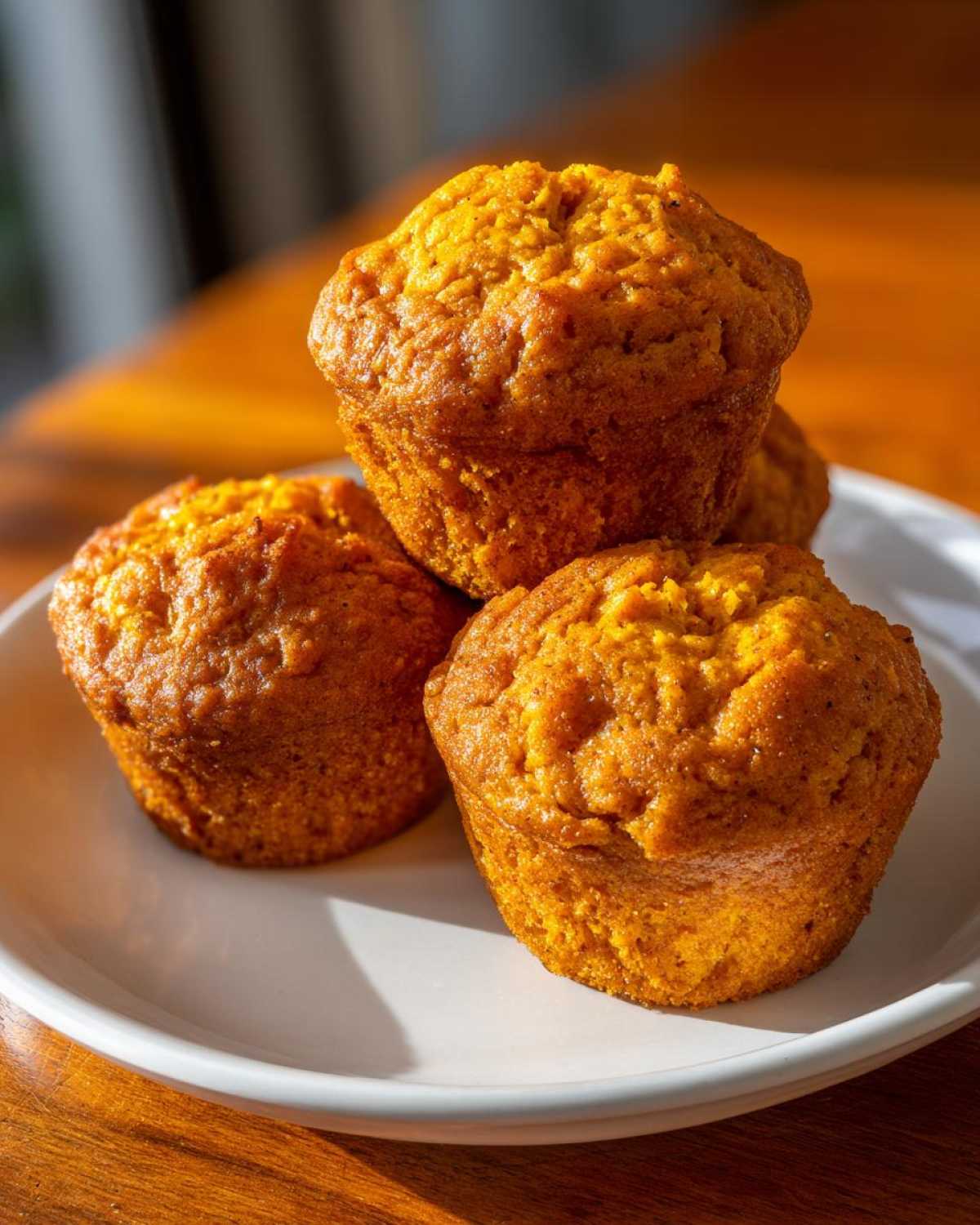 A close-up of three golden brown Classic pumpkin muffins stacked slightly on a white plate.