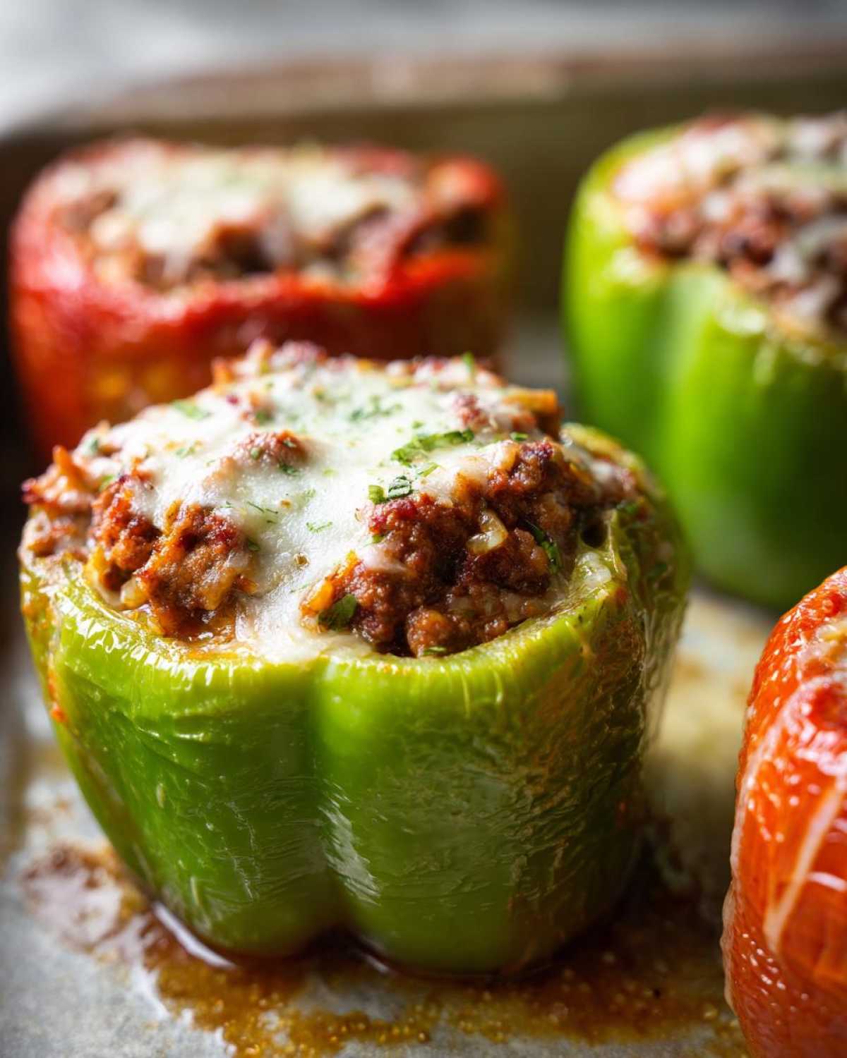 Close-up of a vibrant green Classic Stuffed Peppers Recipe filled with meat and topped with melted mozzarella cheese.