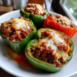 Four baked Classic Stuffed Peppers, three green and one red, topped with melted cheese.