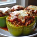 Four bright green Classic Stuffed Peppers filled with savory meat sauce and topped with melted white cheese.