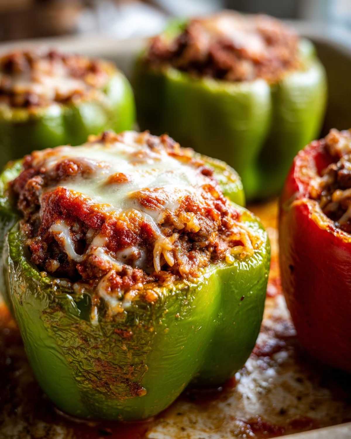 Close-up of baked Classic Stuffed Peppers Recipe, featuring green and red peppers topped with melted cheese.
