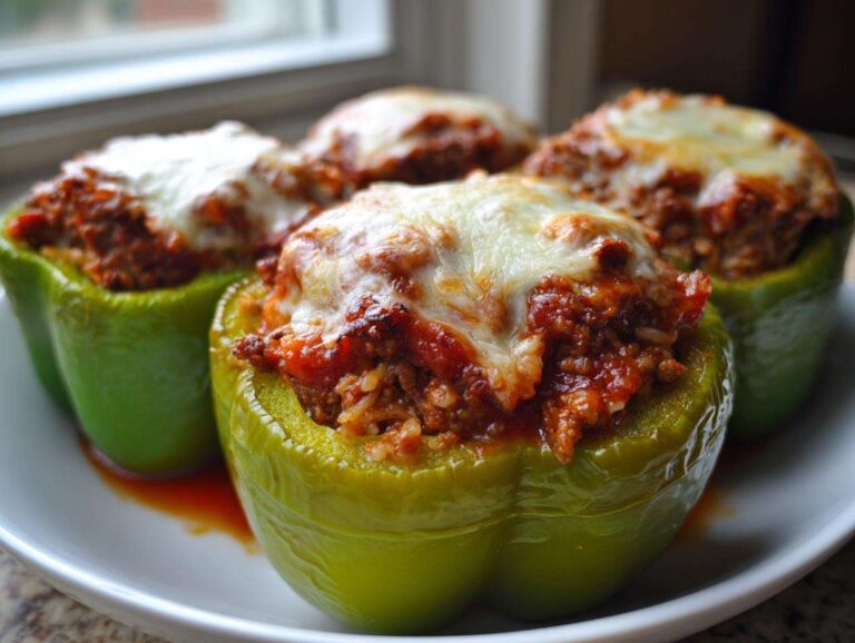 Four bright green Classic Stuffed Peppers filled with savory meat sauce and topped with melted white cheese.