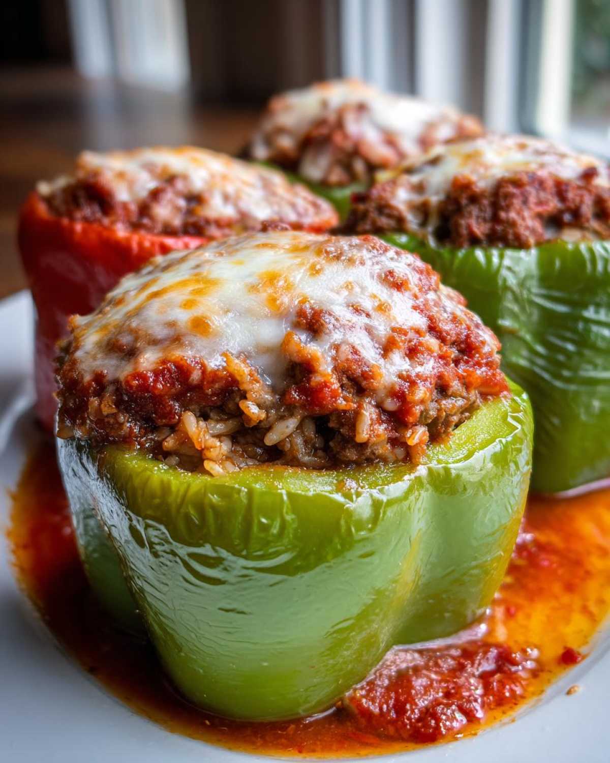 Four cooked Classic Stuffed Peppers Recipe halves, one red and three green, topped with meat sauce and melted mozzarella cheese.
